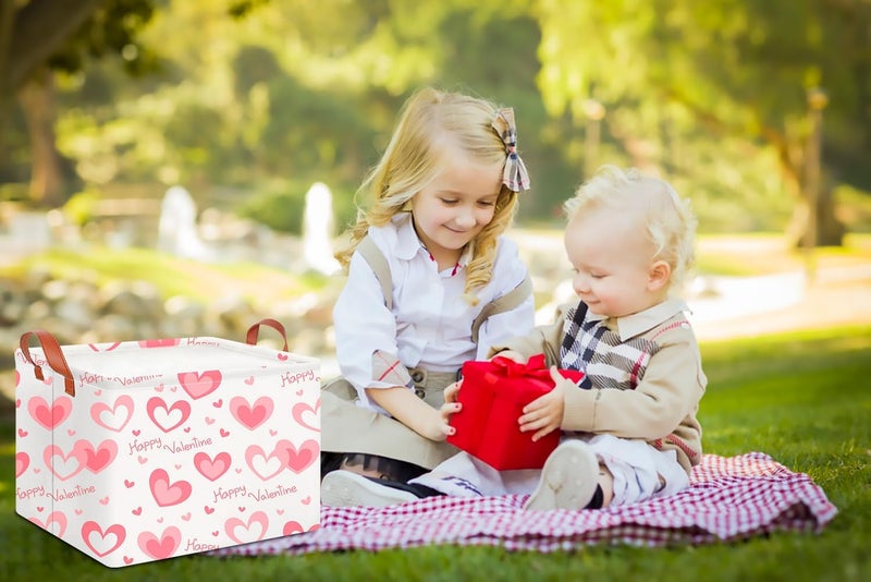 CLOCOR Rectangular Pink Valentines' Gift Basket Collapsible Cute Pattern Storage Bin,Waterproof Books Box with Handles,Storage Basket(Pink Happy Valentine) - Image 5